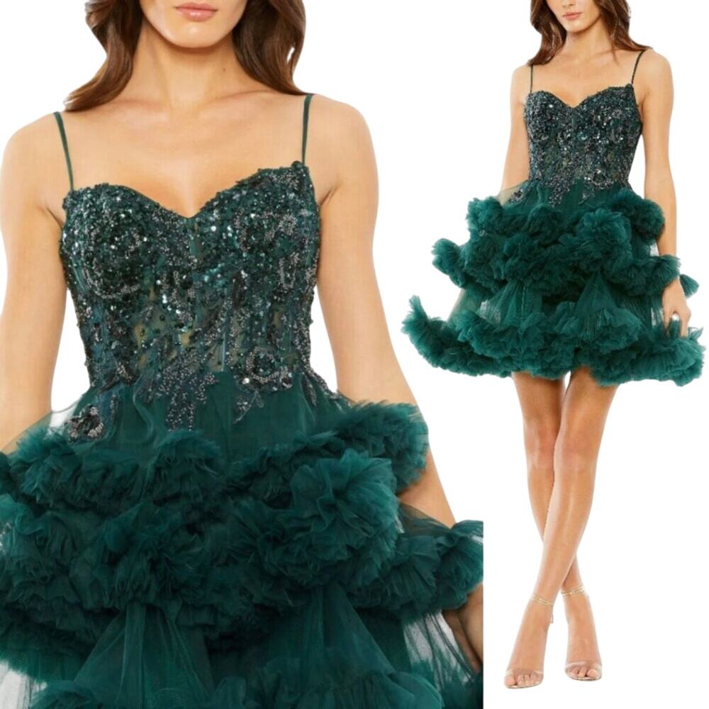 Mac Duggal NWT Green Thin Strap Beaded Bodice Tiered Tulle Mini Dress Size 0